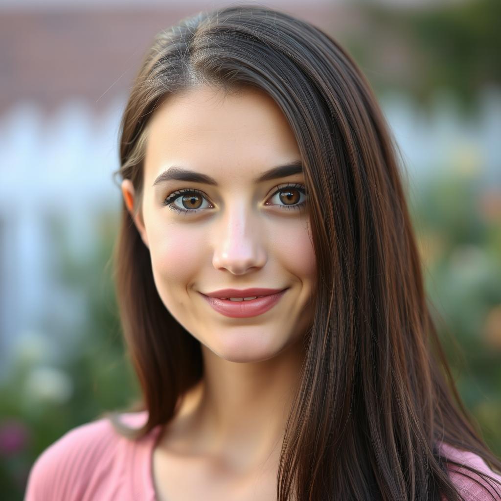 A 30-year-old white woman with long dark brown, almost black hair and striking hazel eyes