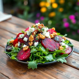 A vibrant and fresh beetroot salad, featuring colorful slices of roasted beets, mixed greens such as arugula and spinach, and topped with crumbled goat cheese and walnuts