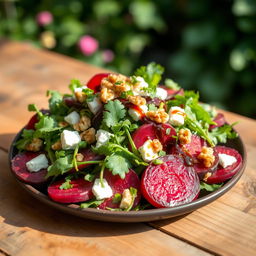 A vibrant and fresh beetroot salad, featuring colorful slices of roasted beets, mixed greens such as arugula and spinach, and topped with crumbled goat cheese and walnuts