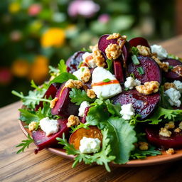 A vibrant and fresh beetroot salad, featuring colorful slices of roasted beets, mixed greens such as arugula and spinach, and topped with crumbled goat cheese and walnuts