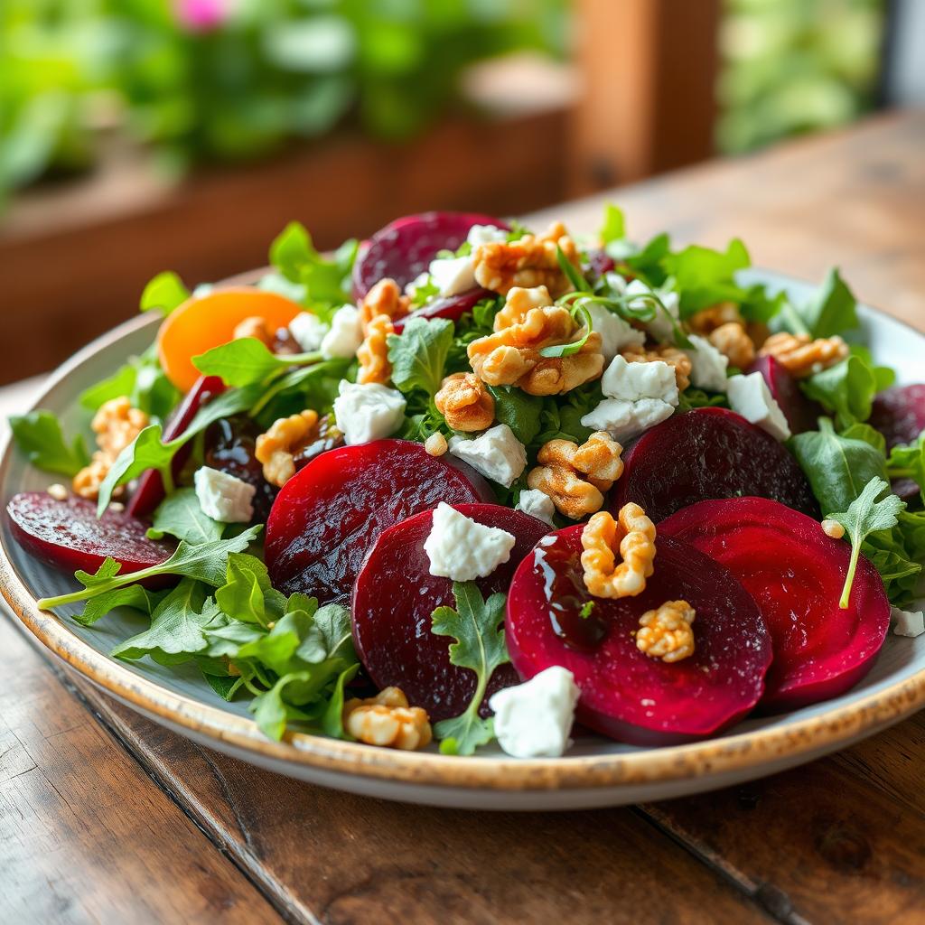 A vibrant and fresh beetroot salad, featuring colorful slices of roasted beets, mixed greens such as arugula and spinach, and topped with crumbled goat cheese and walnuts