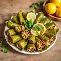 A beautiful platter of stuffed grape leaves known as Dolma, arranged elegantly