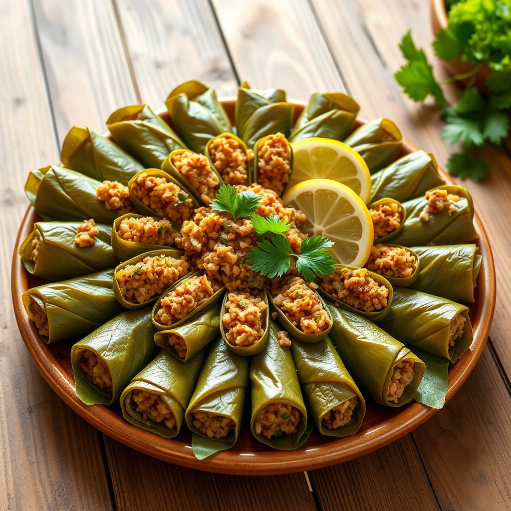A beautiful platter of stuffed grape leaves known as Dolma, arranged elegantly
