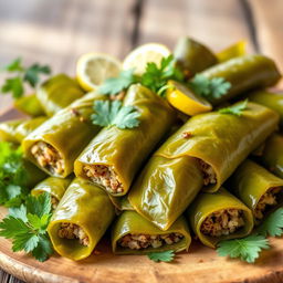 A beautiful platter of stuffed grape leaves known as Dolma, arranged elegantly