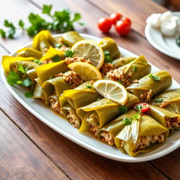 A beautiful platter of stuffed grape leaves known as Dolma, arranged elegantly