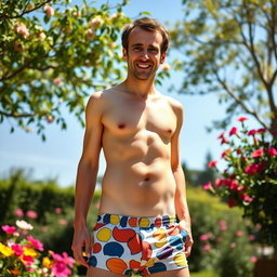 A humorous portrayal of Emmanuel Macron in a casual setting, wearing only colorful boxer shorts