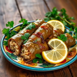 A beautifully presented dish of dolma, featuring grape leaves stuffed with rice, herbs, and spices