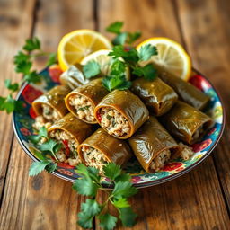 A beautifully presented dish of dolma, featuring grape leaves stuffed with rice, herbs, and spices