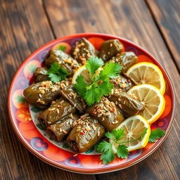 A beautifully presented dish of dolma, featuring grape leaves stuffed with rice, herbs, and spices