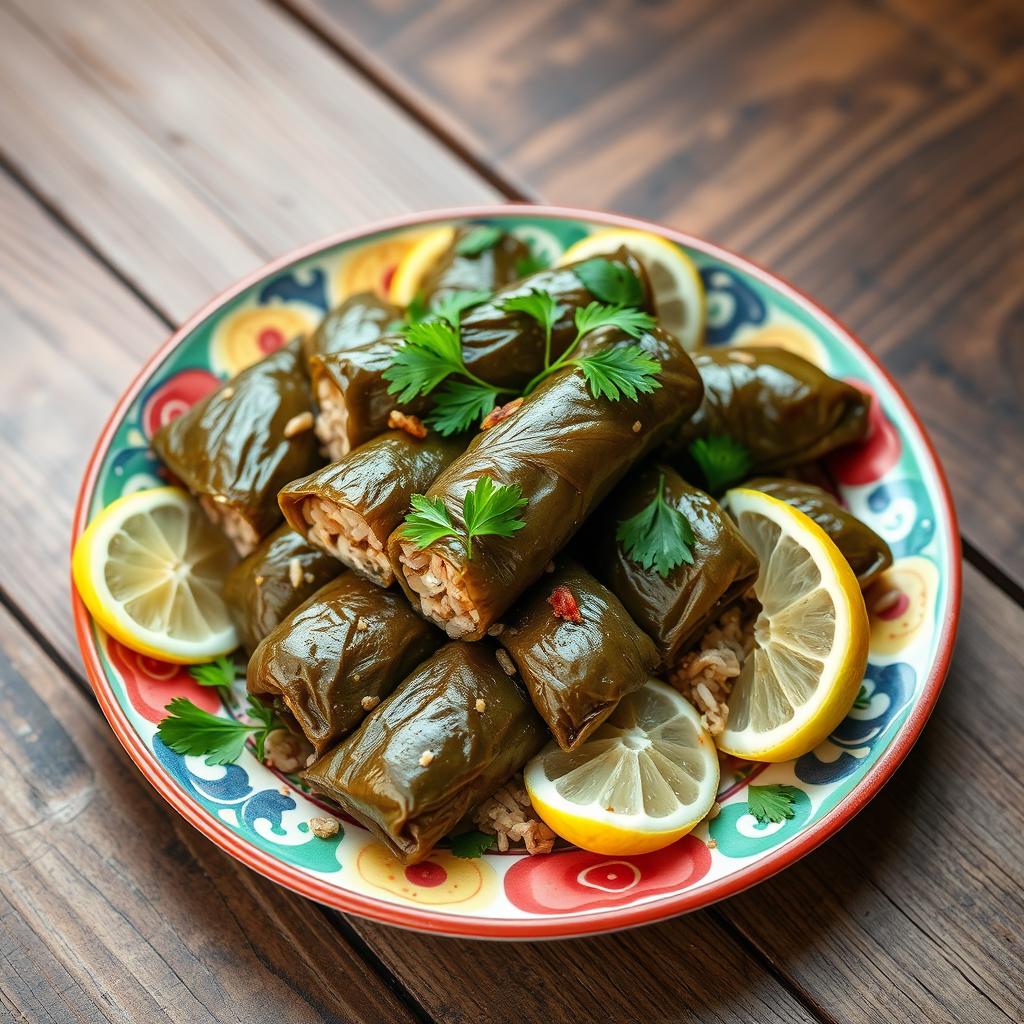 A beautifully presented dish of dolma, featuring grape leaves stuffed with rice, herbs, and spices