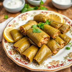 A detailed close-up of a traditional Lebanese dish called 'Dolma', which consists of thin stuffed grape leaves (warak enab) filled with a savory rice and meat mixture, garnished with fresh herbs like parsley and mint, served on a beautiful decorative plate with lemon wedges on the side