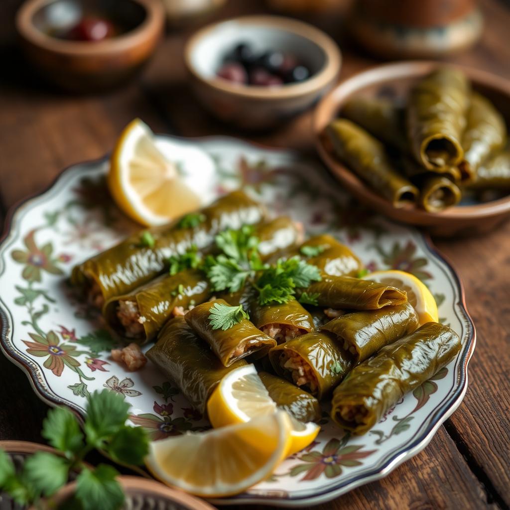 A detailed close-up of a traditional Lebanese dish called 'Dolma', which consists of thin stuffed grape leaves (warak enab) filled with a savory rice and meat mixture, garnished with fresh herbs like parsley and mint, served on a beautiful decorative plate with lemon wedges on the side