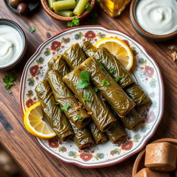 A detailed close-up of a traditional Lebanese dish called 'Dolma', which consists of thin stuffed grape leaves (warak enab) filled with a savory rice and meat mixture, garnished with fresh herbs like parsley and mint, served on a beautiful decorative plate with lemon wedges on the side