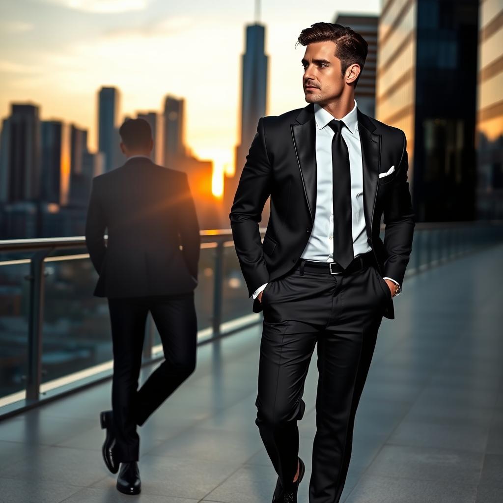 A stylish black classic suit designed for a modern gentleman, featuring a sharp tailored blazer with a slim fit, matching trousers, and a crisp white dress shirt