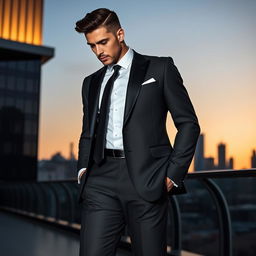 A stylish black classic suit designed for a modern gentleman, featuring a sharp tailored blazer with a slim fit, matching trousers, and a crisp white dress shirt