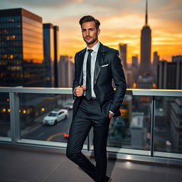 A stylish black classic suit designed for a modern gentleman, featuring a sharp tailored blazer with a slim fit, matching trousers, and a crisp white dress shirt