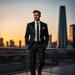 A stylish black classic suit designed for a modern gentleman, featuring a sharp tailored blazer with a slim fit, matching trousers, and a crisp white dress shirt