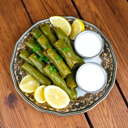 A beautifully arranged platter of thin stuffed grape leaves (dolma)