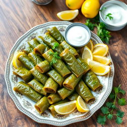 A beautifully arranged platter of thin stuffed grape leaves (dolma)