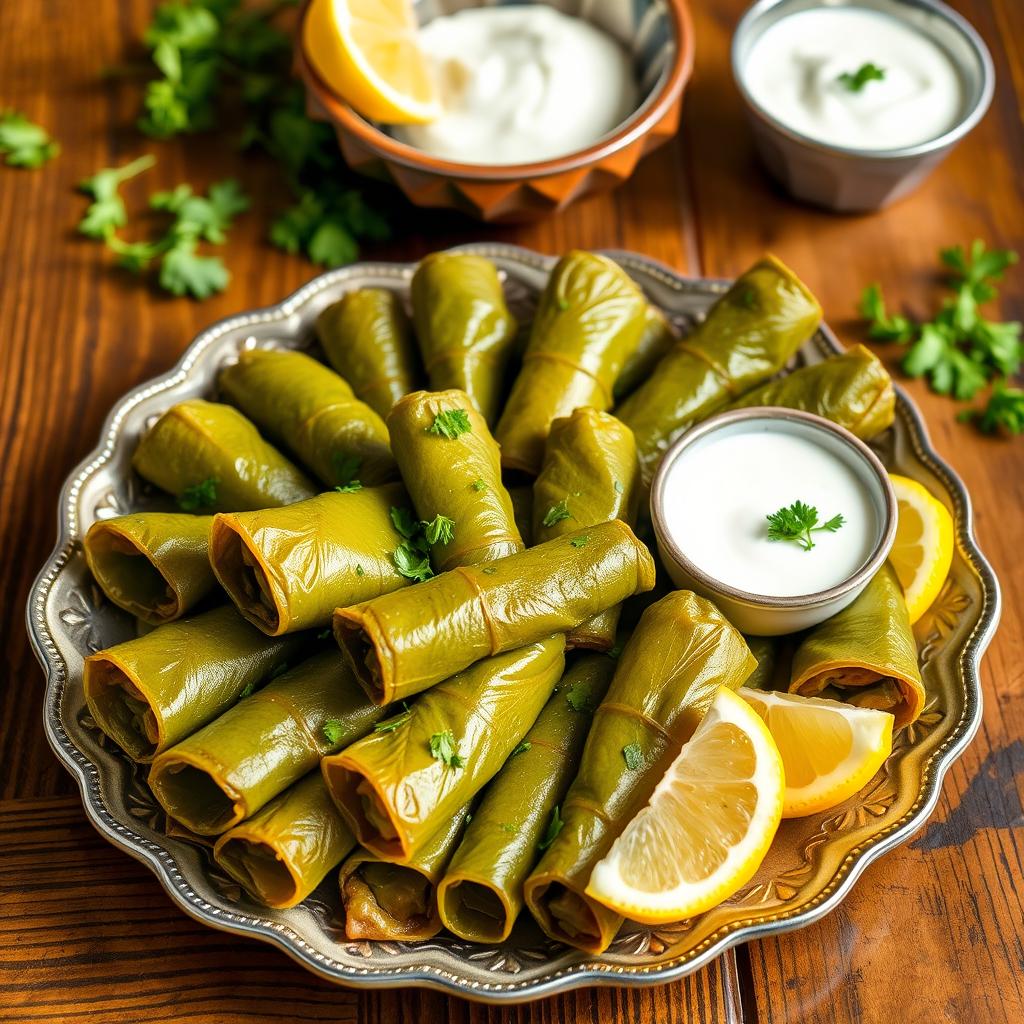 A beautifully arranged platter of thin stuffed grape leaves (dolma)