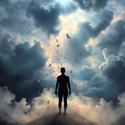 A visually captivating and symbolic representation of a broken human soul, depicted through ethereal clouds and fractured light