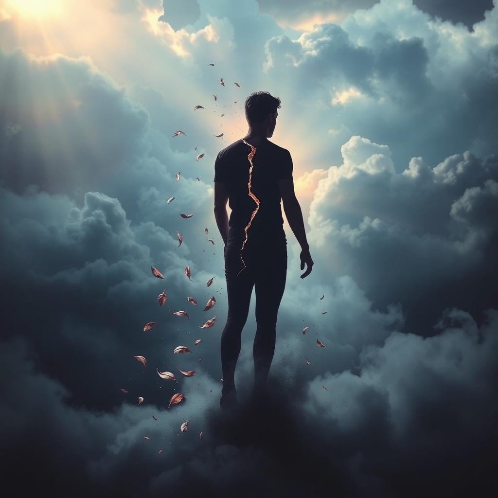 A visually captivating and symbolic representation of a broken human soul, depicted through ethereal clouds and fractured light