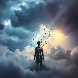 A visually captivating and symbolic representation of a broken human soul, depicted through ethereal clouds and fractured light