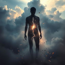 A visually captivating and symbolic representation of a broken human soul, depicted through ethereal clouds and fractured light