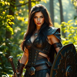 A fierce and sexy warrior woman standing confidently in a vibrant, lush forest
