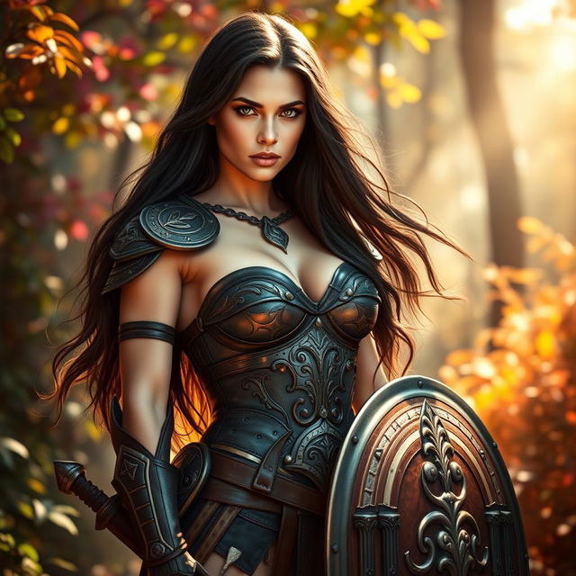 A fierce and sexy warrior woman standing confidently in a vibrant, lush forest