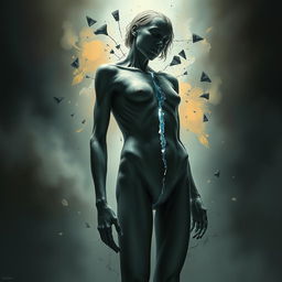 A broken human figure, depicting surreal elements of disintegration and fragmentation, with a haunting yet artistic style