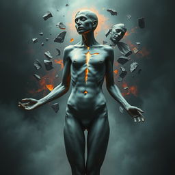 A broken human figure, depicting surreal elements of disintegration and fragmentation, with a haunting yet artistic style