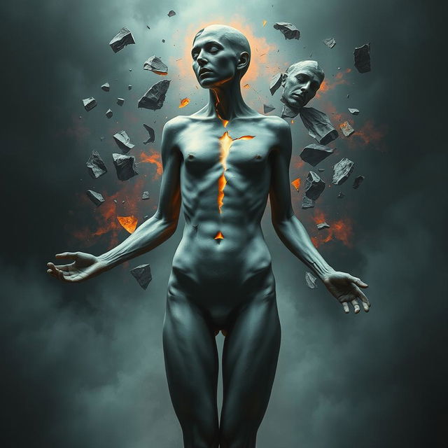 A broken human figure, depicting surreal elements of disintegration and fragmentation, with a haunting yet artistic style
