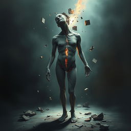 A broken human figure, depicting surreal elements of disintegration and fragmentation, with a haunting yet artistic style