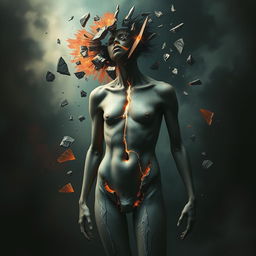 A broken human figure, depicting surreal elements of disintegration and fragmentation, with a haunting yet artistic style