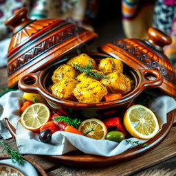 A beautifully presented Moroccan chicken tagine, featuring vibrant yellow turmeric-infused chicken pieces, marinated with fresh thyme and slices of lemon
