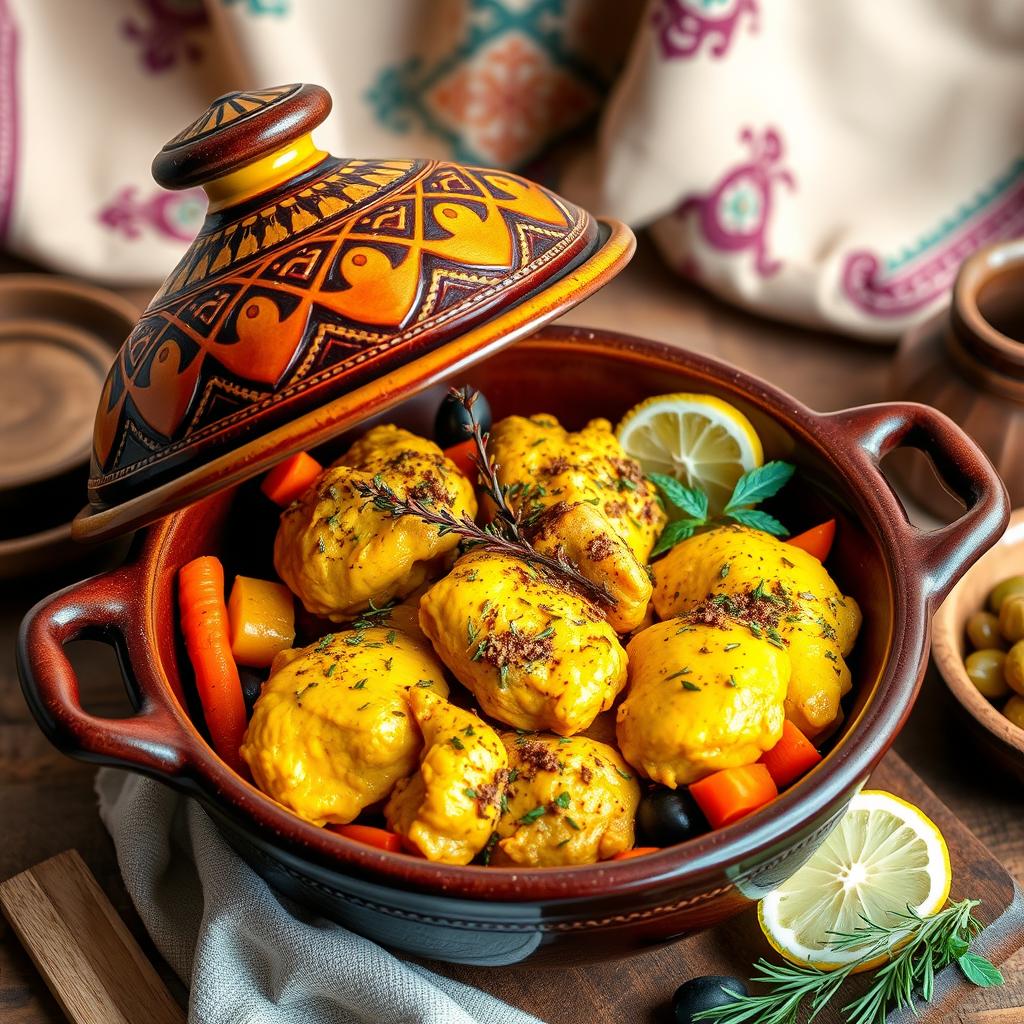 A beautifully presented Moroccan chicken tagine, featuring vibrant yellow turmeric-infused chicken pieces, marinated with fresh thyme and slices of lemon