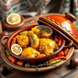 A beautifully presented Moroccan chicken tagine, featuring vibrant yellow turmeric-infused chicken pieces, marinated with fresh thyme and slices of lemon