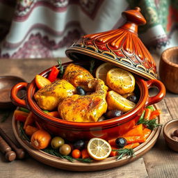 A beautifully presented Moroccan chicken tagine, featuring vibrant yellow turmeric-infused chicken pieces, marinated with fresh thyme and slices of lemon