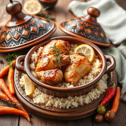 A beautifully styled dish of chicken tagine with thyme and lemon, presented in an intricately designed traditional Moroccan tagine pot