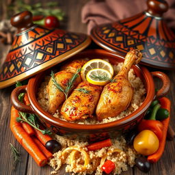A beautifully styled dish of chicken tagine with thyme and lemon, presented in an intricately designed traditional Moroccan tagine pot