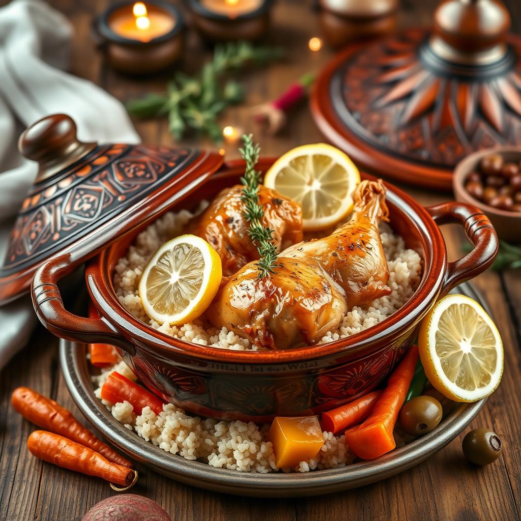 A beautifully styled dish of chicken tagine with thyme and lemon, presented in an intricately designed traditional Moroccan tagine pot