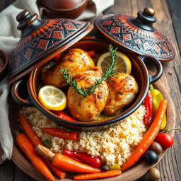 A beautifully styled dish of chicken tagine with thyme and lemon, presented in an intricately designed traditional Moroccan tagine pot