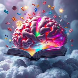 A surreal representation of a brain designed as an open book, with the pages flowing like neural pathways and vibrant colors illuminating the thoughts and ideas contained within