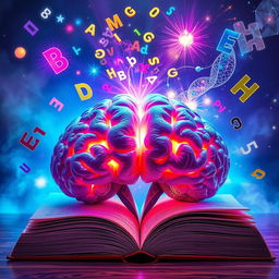 A surreal representation of a brain designed as an open book, with the pages flowing like neural pathways and vibrant colors illuminating the thoughts and ideas contained within