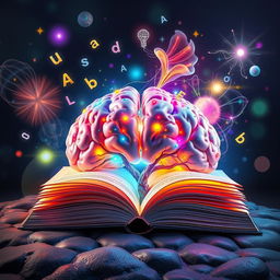 A surreal representation of a brain designed as an open book, with the pages flowing like neural pathways and vibrant colors illuminating the thoughts and ideas contained within