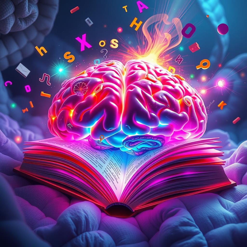 A surreal representation of a brain designed as an open book, with the pages flowing like neural pathways and vibrant colors illuminating the thoughts and ideas contained within