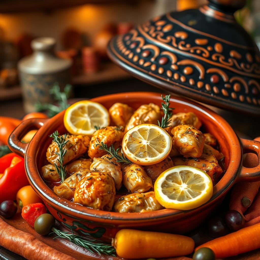 A beautifully arranged dish of chicken tagine seasoned with thyme and lemon, featuring tender pieces of chicken simmered in a fragrant sauce, with vibrant slices of lemon and fresh thyme sprigs garnishing the dish