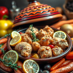 A beautifully arranged dish of chicken tagine seasoned with thyme and lemon, featuring tender pieces of chicken simmered in a fragrant sauce, with vibrant slices of lemon and fresh thyme sprigs garnishing the dish