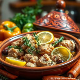 A beautifully arranged dish of chicken tagine seasoned with thyme and lemon, featuring tender pieces of chicken simmered in a fragrant sauce, with vibrant slices of lemon and fresh thyme sprigs garnishing the dish